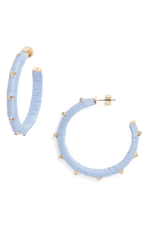 Crystal Accent Raffia Wrapped Hoop Earrings
