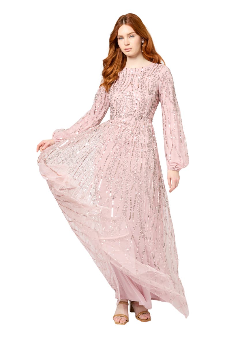 Occasion Modest Embellished Sequin Beaded A Line Evening Maxi Dress, Alternate, color, FROSTED PINK
