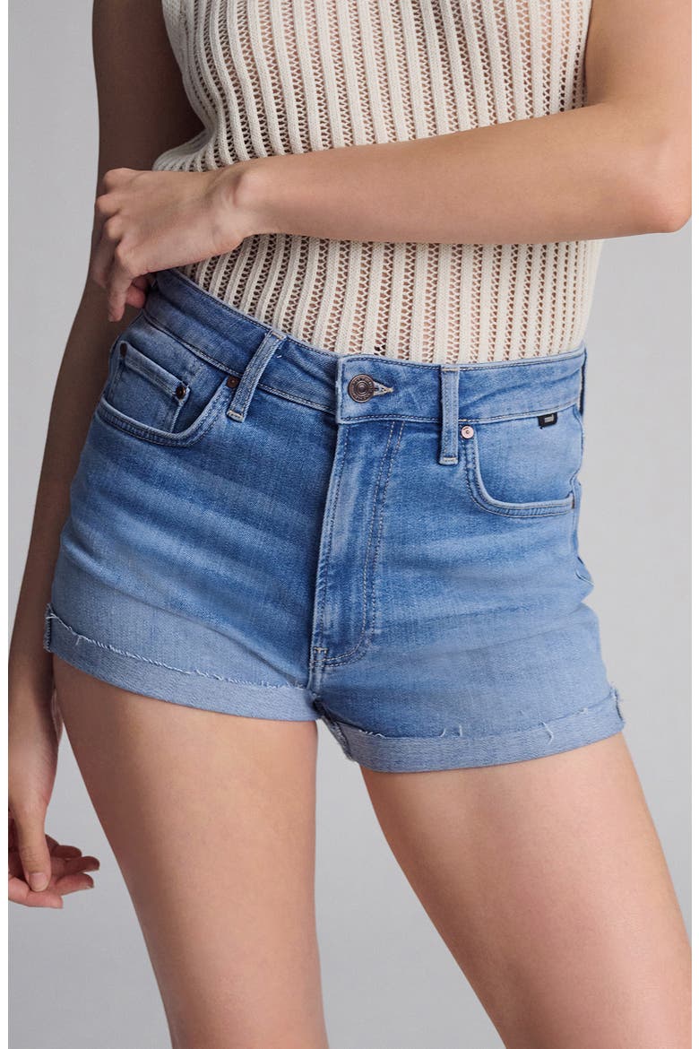 Vivia Cuffed Raw Hem Denim Shorts, Alternate, color, LT FLEX BLUE