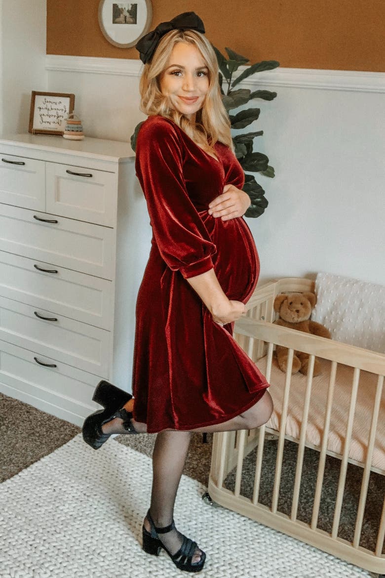 Velvet Wrap Front Babydoll Dress, Alternate, color, Burgundy