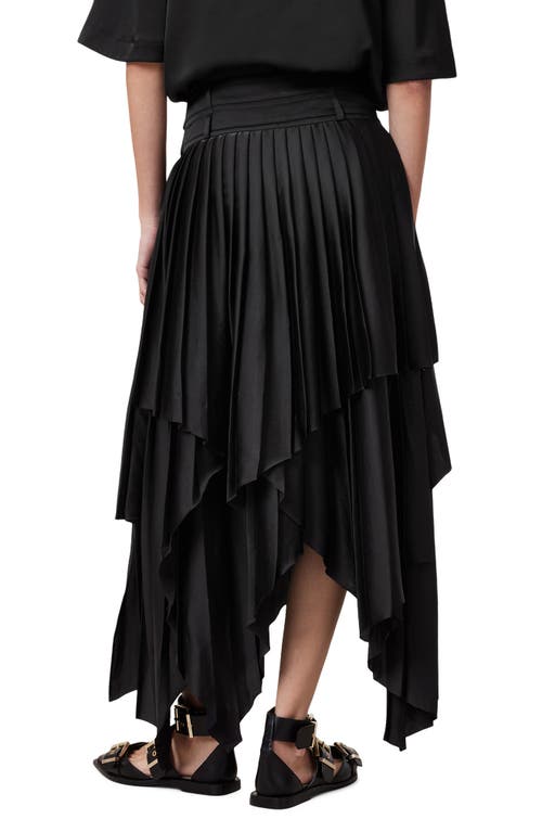 Allsaints Womens Black Kat Pleated Asymmetric-hem Satin Midi Skirt In Black