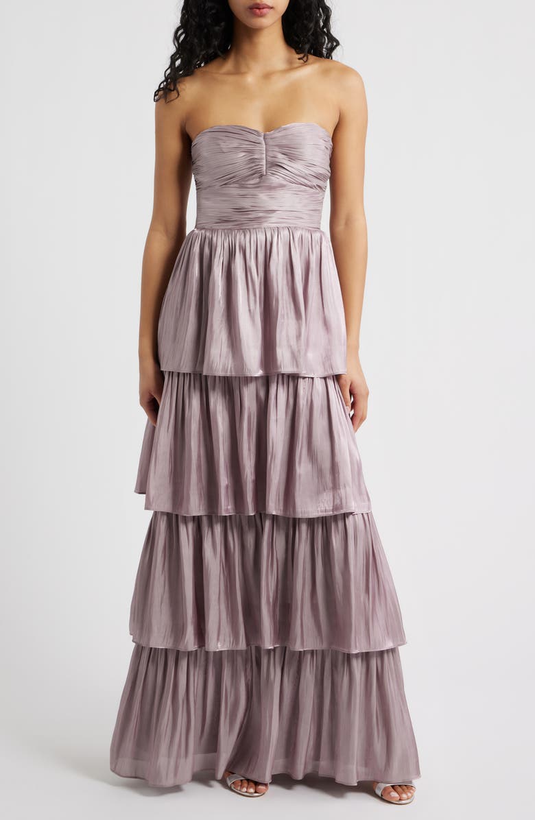Lulus Bella Tiered Strapless Gown, Main, color, Dusty Lavender