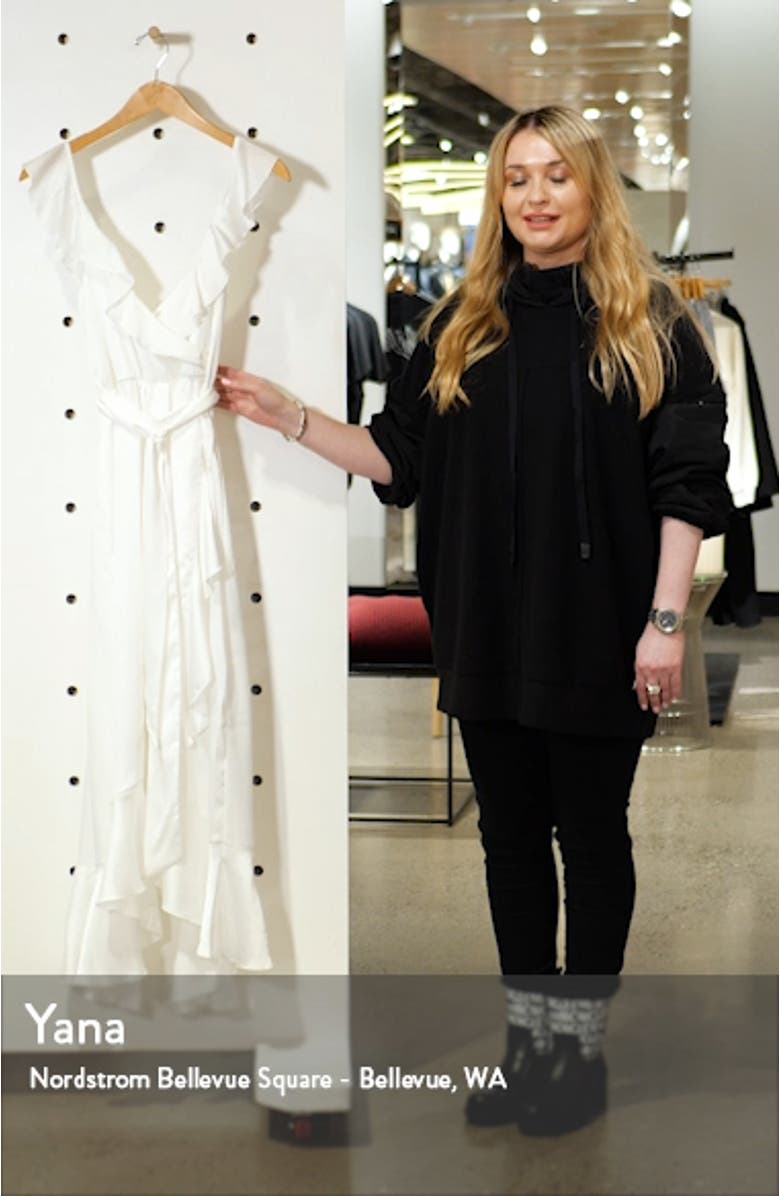 Samantha Ruffle Satin High/Low Faux Wrap Dress, sales video thumbnail