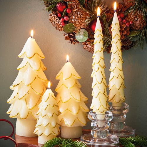 Tag Gilded Pine Tree Ivory Candle Sculpted Christmas Decor In Gold
