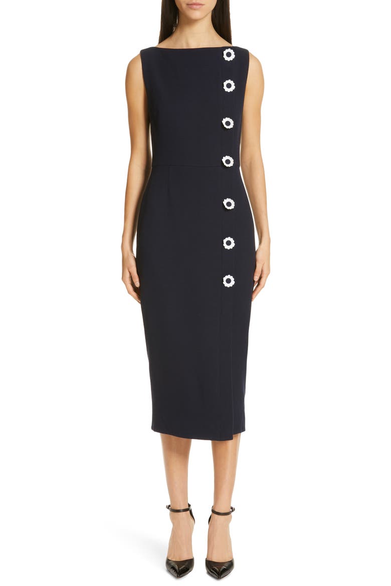 Floral Button Wool Blend Crepe Dress, Main, color, NAVY