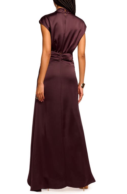 Ramy Brook Catrin Plunge Neck Center Ruched Satin Gown In Burgundy