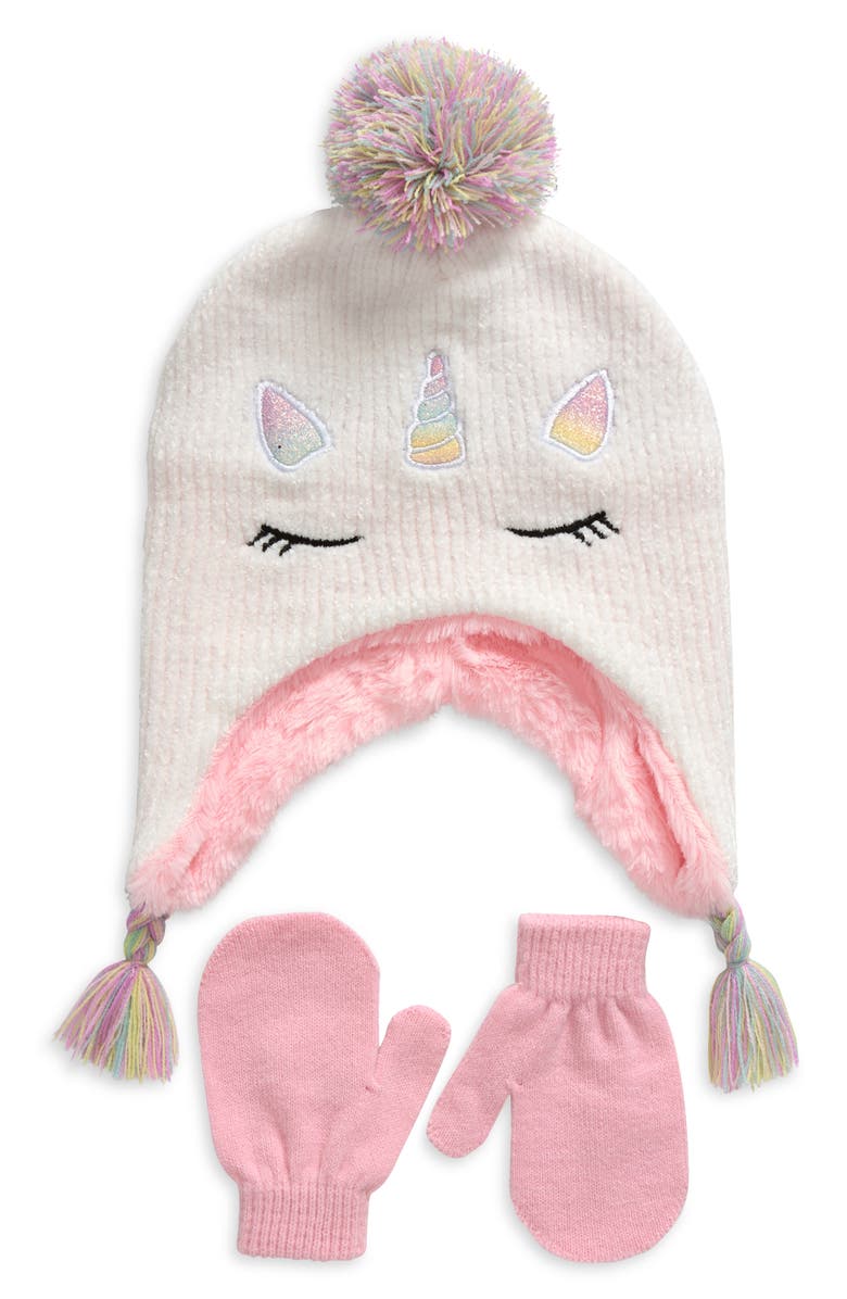 Capelli New York Kids' Faux Fur Lined Pompom Earflap Cap & Magic Mittens Set, Main, color, 