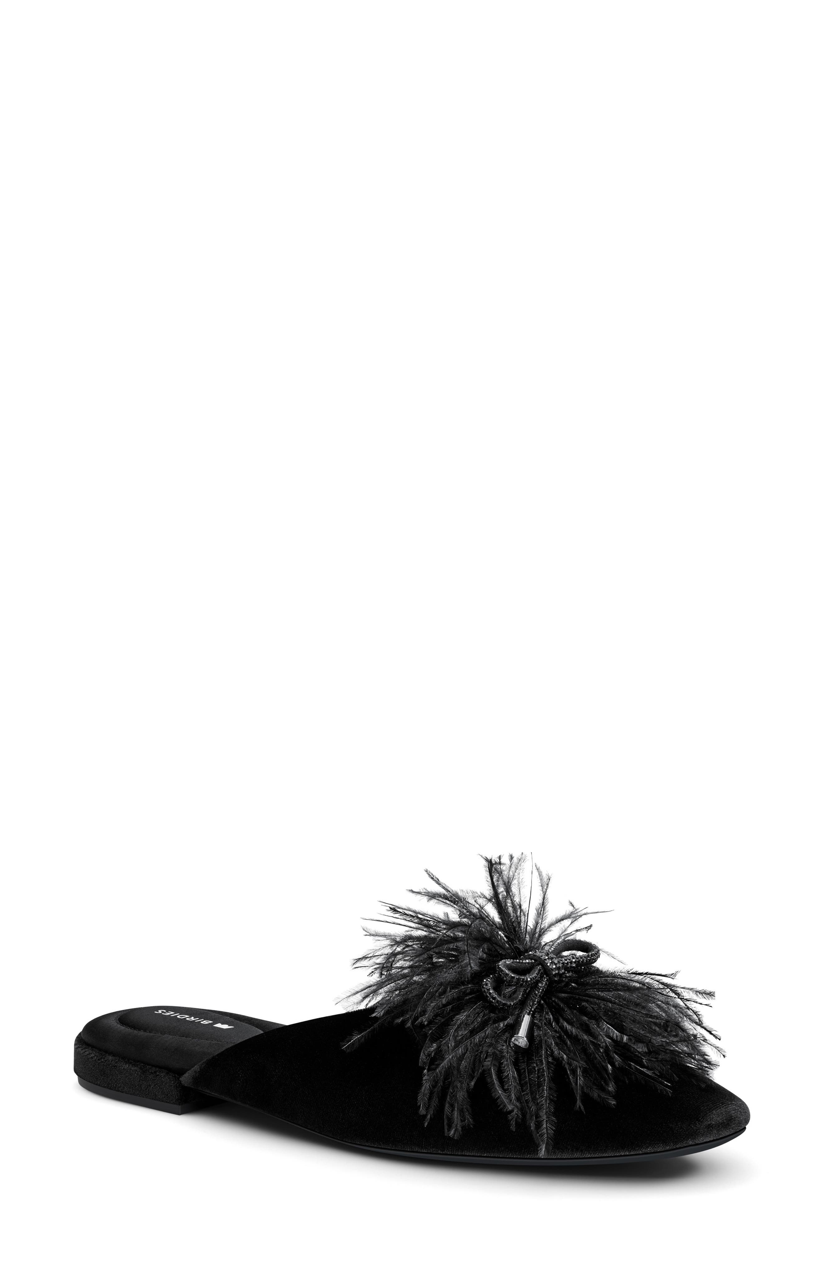The Lovebird Feather Trim Mule, Main, color, BLACK VELVET
