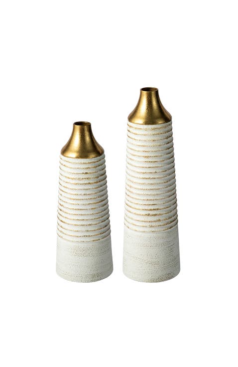 Set of 2 Modern White & Gold Stripes Metal Decorative Vases