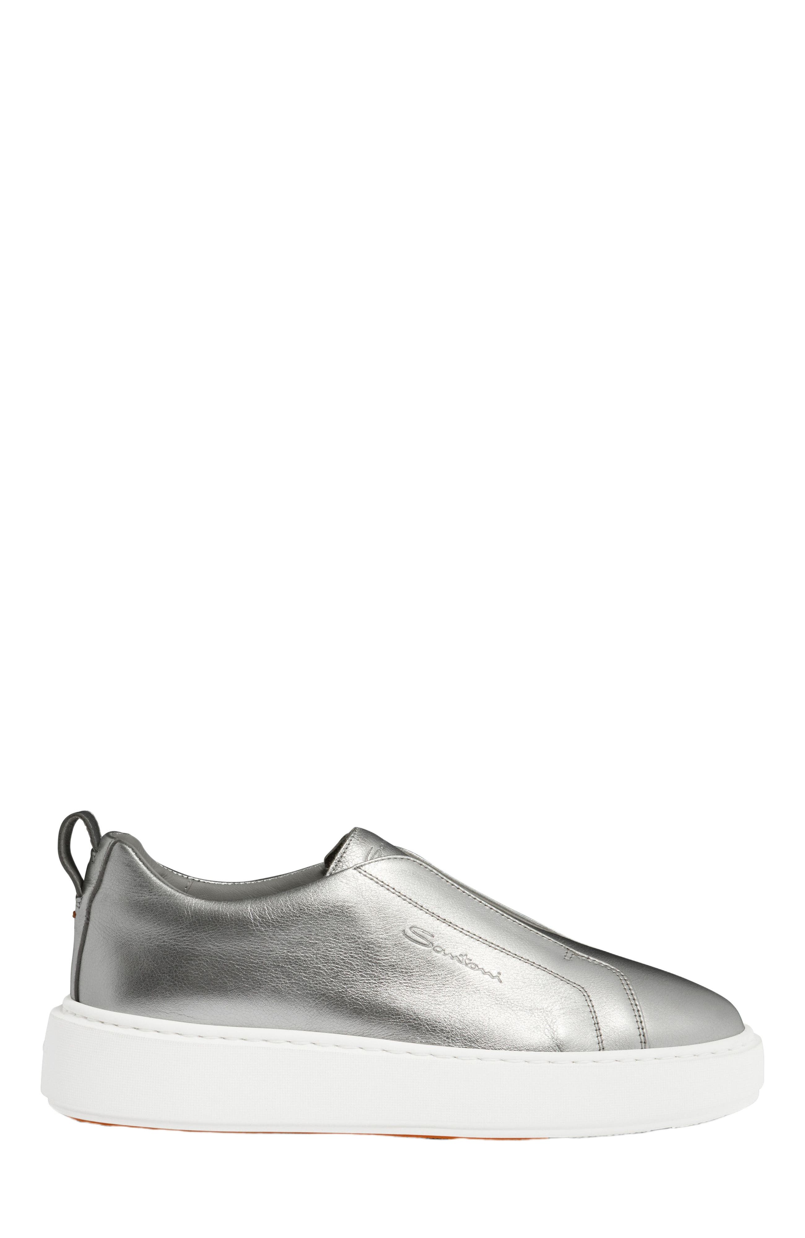 Santoni Women's silver laminated leather slip-on sneaker, Main, color, Silver