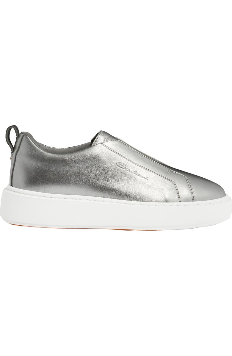 Santoni Women's silver laminated leather slip-on sneaker, Main, color, Silver