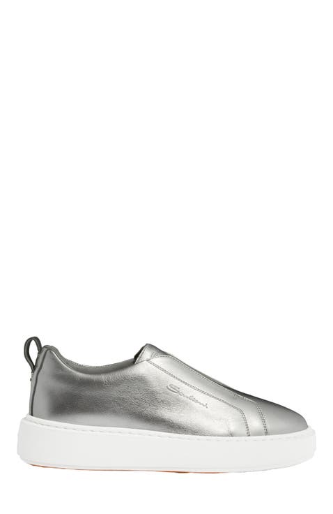 Women's silver laminated leather slip-on sneaker