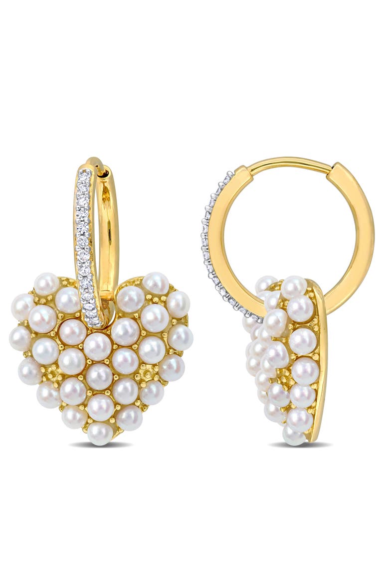 Pearl & Diamond Hoop Heart Earrings 14k, Main, color, Yellow Gold