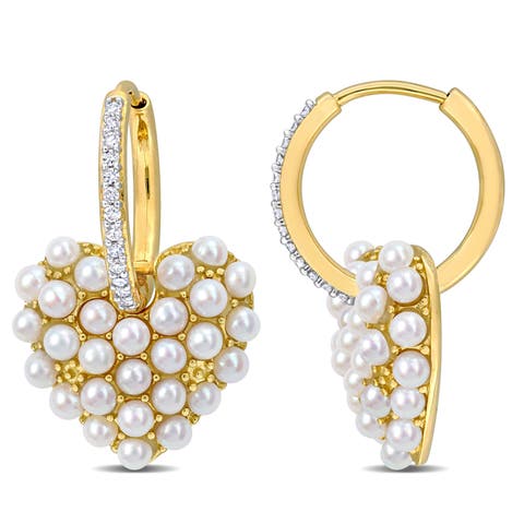 Pearl & Diamond Hoop Heart Earrings 14k