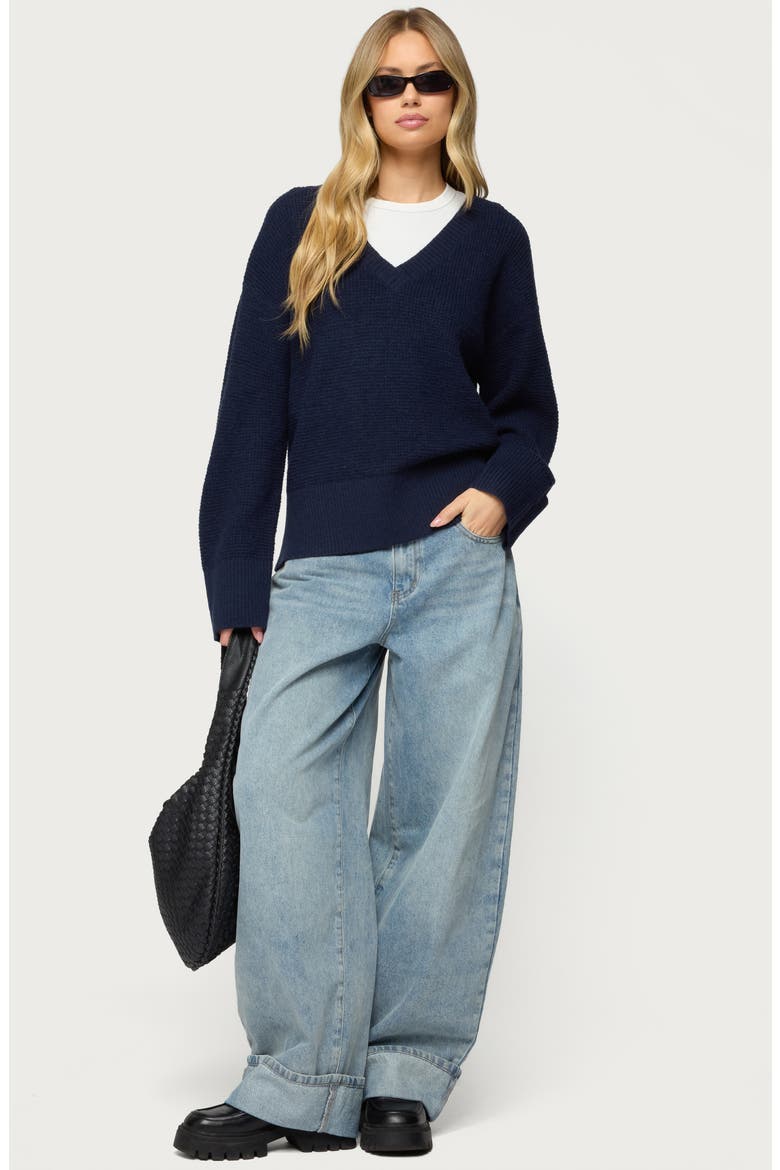 Bluebell Oversize V-Neck Waffle Knit Sweater, Alternate, color, NAVY