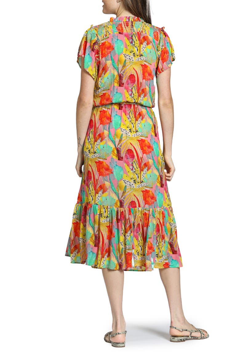 Print Short Sleeve Midi Dress, Alternate, color, YELLOW/ ORANGE MULTI