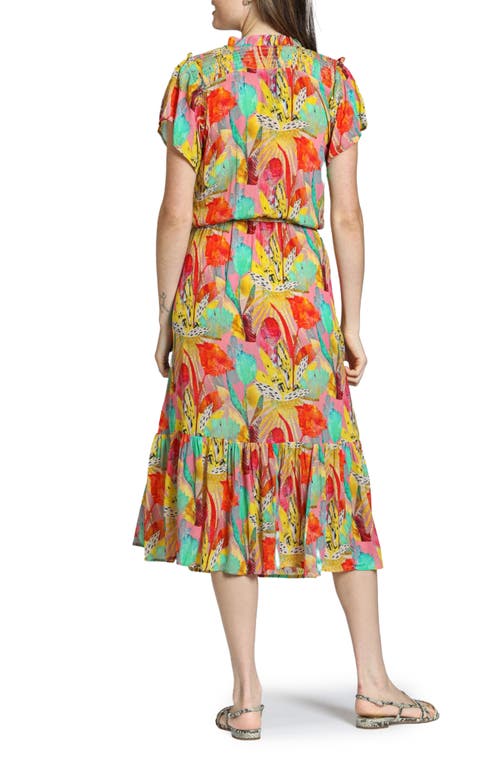 Apny Print Short Sleeve Midi Dress In Yellow/orange Multi