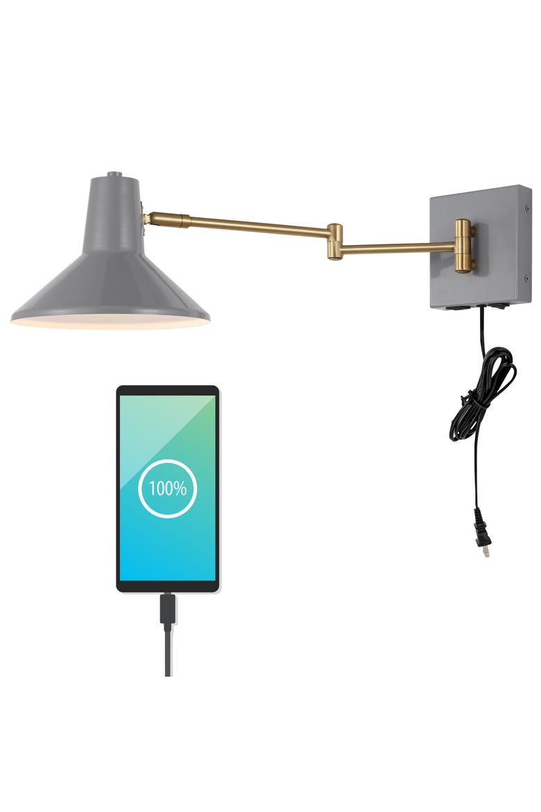 Hygge Swing Arm 1-Light Modern Midcentury Iron USB Charging Port LED Sconce, Main, color, Gray