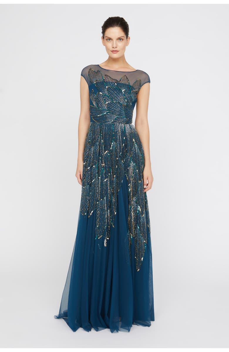 Theia Ava Beaded Cap Sleeve Gown, Main, color, Aquamarine