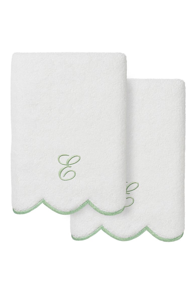 Adornia Scallop Initial Set of 2 Hand Towels, Main, color, WHITE/ GREEN E
