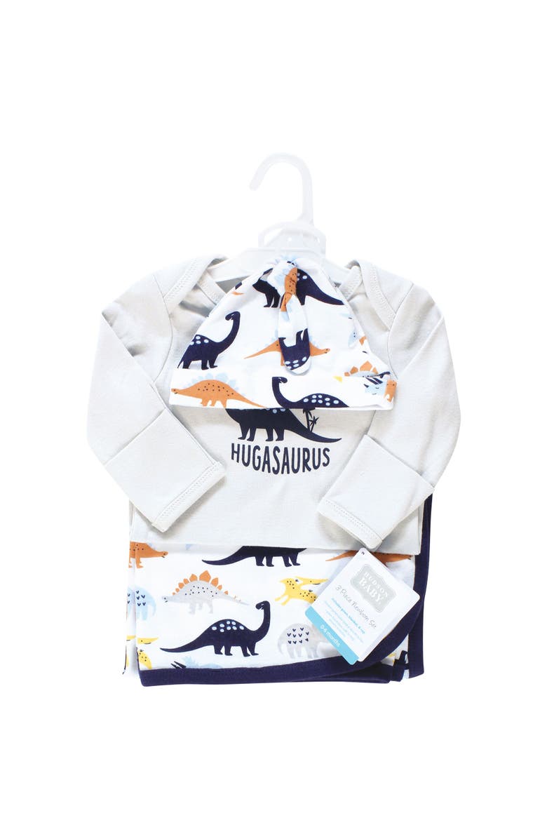 Hudson Baby Newborn Layette Collection Gown, Swaddle & Choice of Headwear, Alternate, color, Hugasaurus
