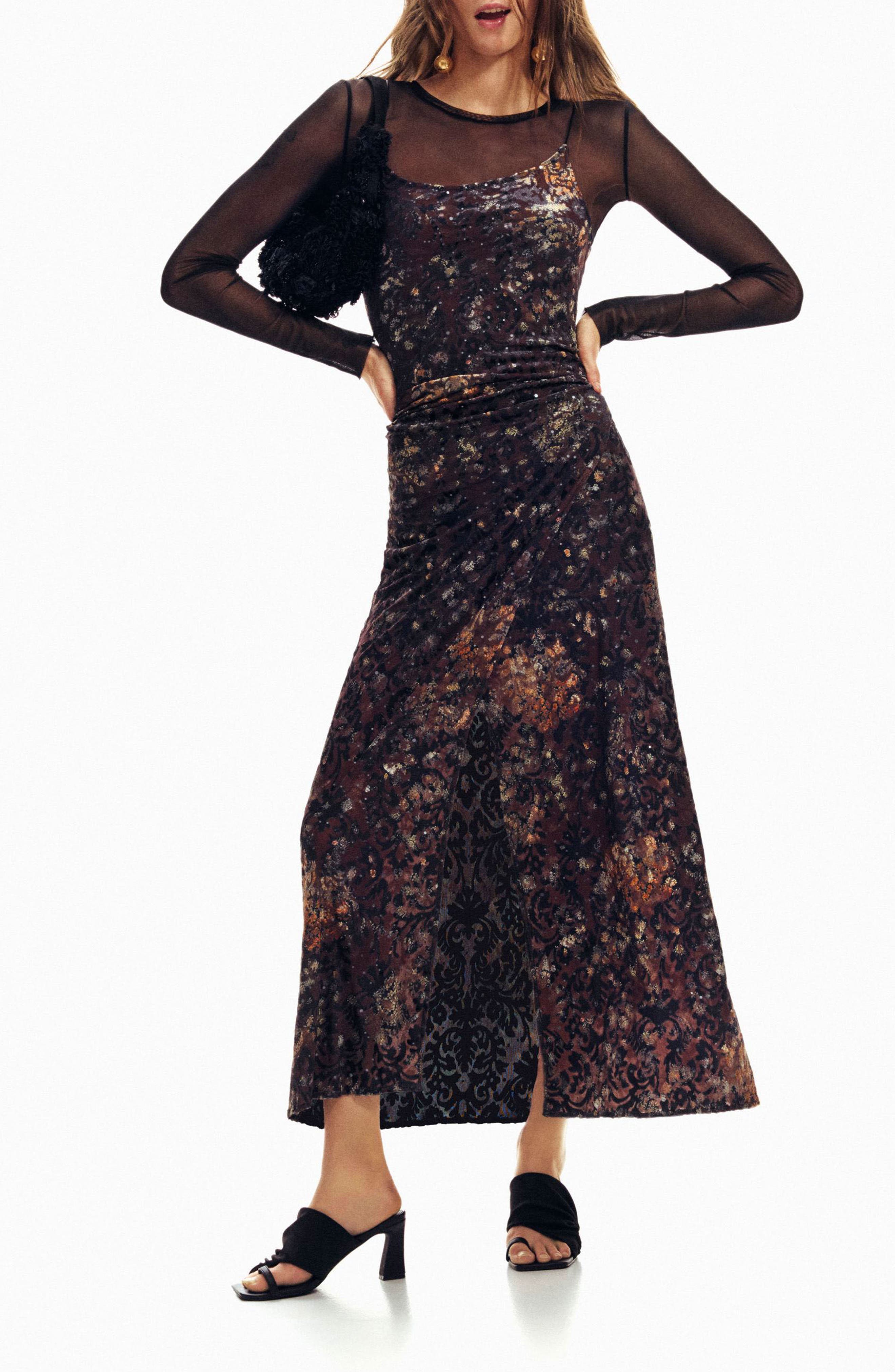 Metallic Mixed Print Long Sleeve Dress