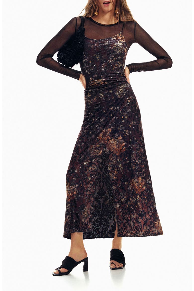 Metallic Mixed Print Long Sleeve Dress, Main, color, BLACK
