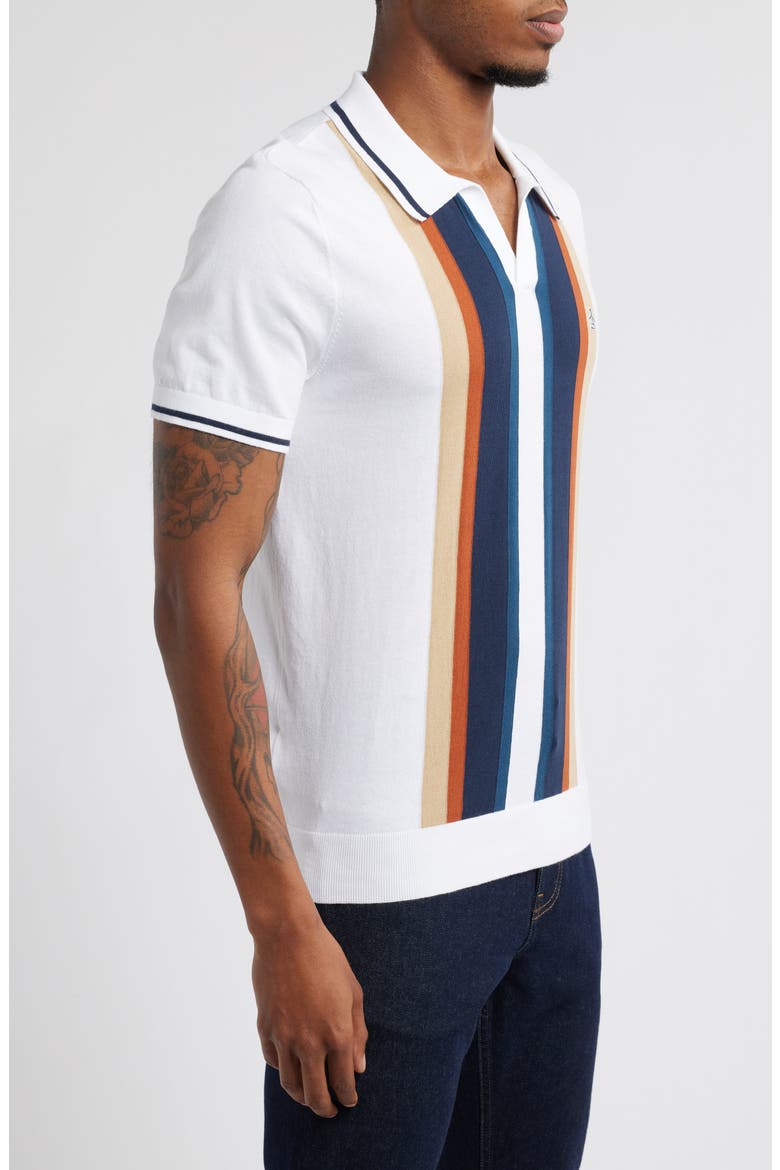 Vertical Stripe Short Sleeve Cotton Polo Sweater, Alternate, color, BRIGHT WHITE
