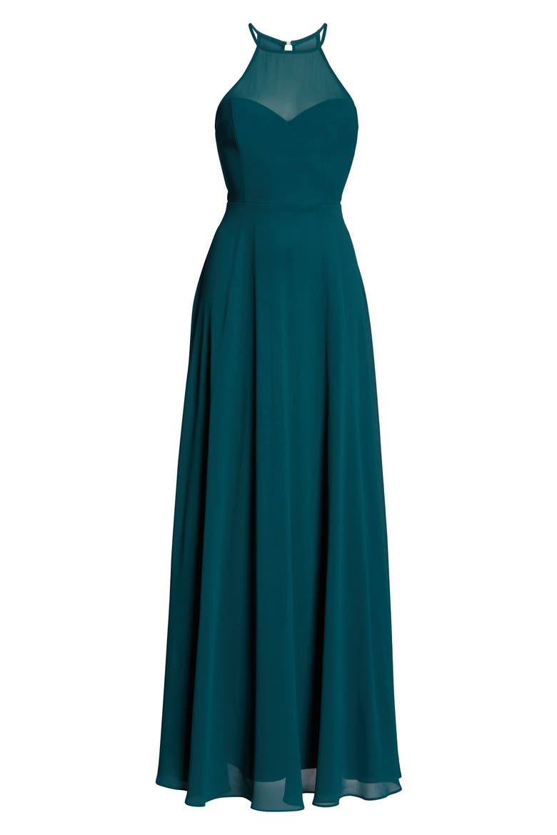 Night of Romance Halter Neck Chiffon Gown, Alternate, color, EMERALD