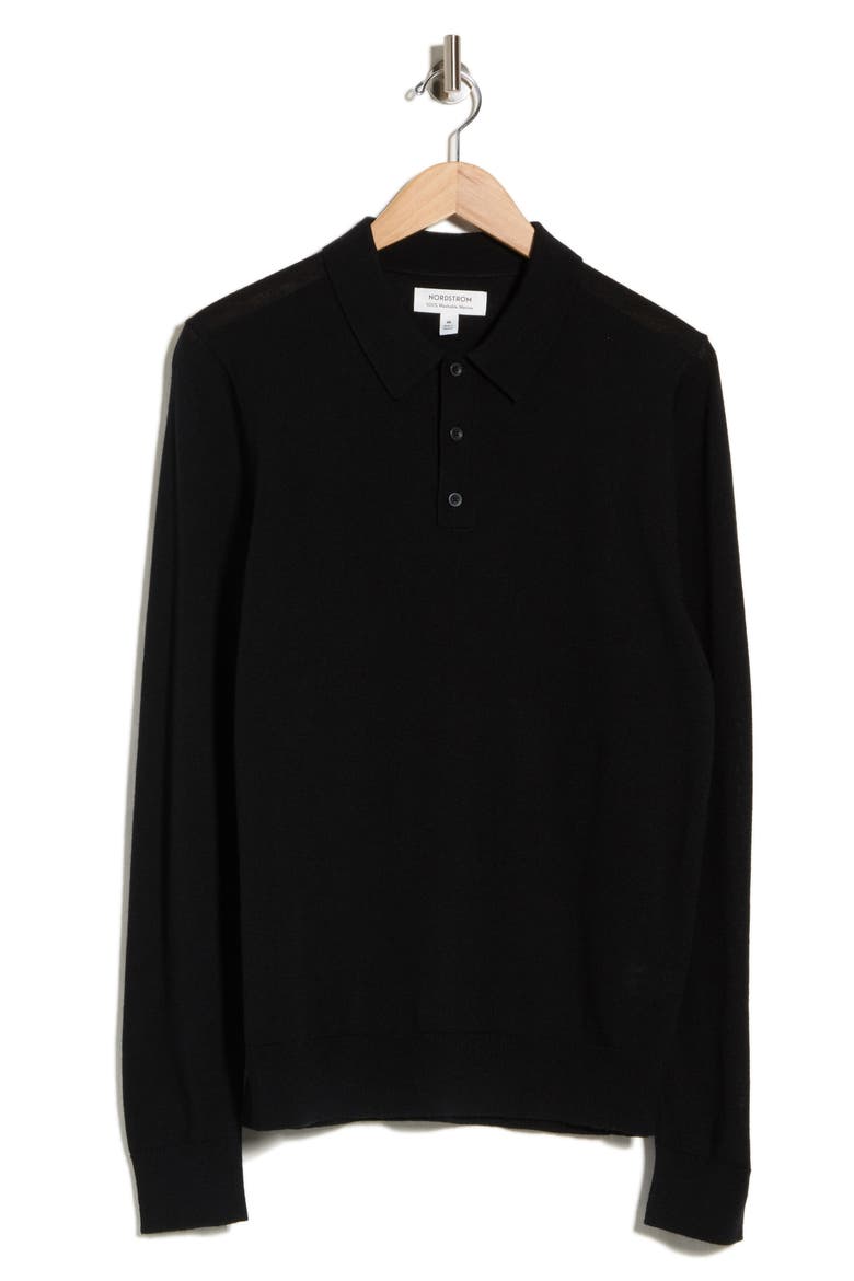 Machine Washable Merino Wool Polo Sweater, Main, color, BLACK