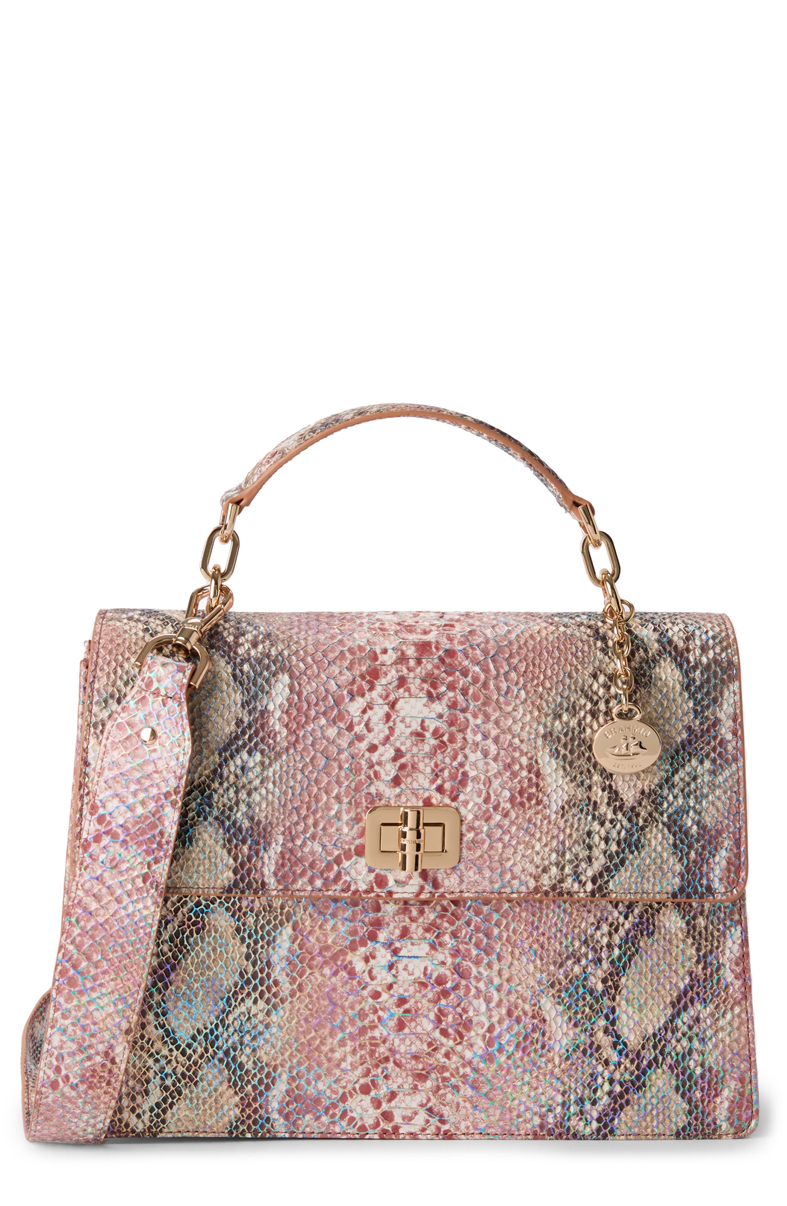 Brahmin Small Hallie Snake Embossed Leather Top Handle Bag in Pink Multi 