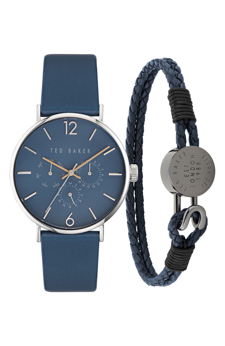 Ted Baker Phylipa Leather Strap Multifunction Watch & Bracelet Set, Main, color, Stainless Steel