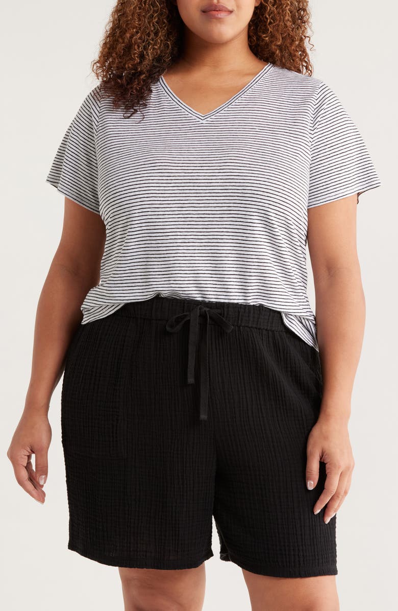 Eileen Fisher Stripe Organic Linen T-Shirt, Main, color, White/ Black