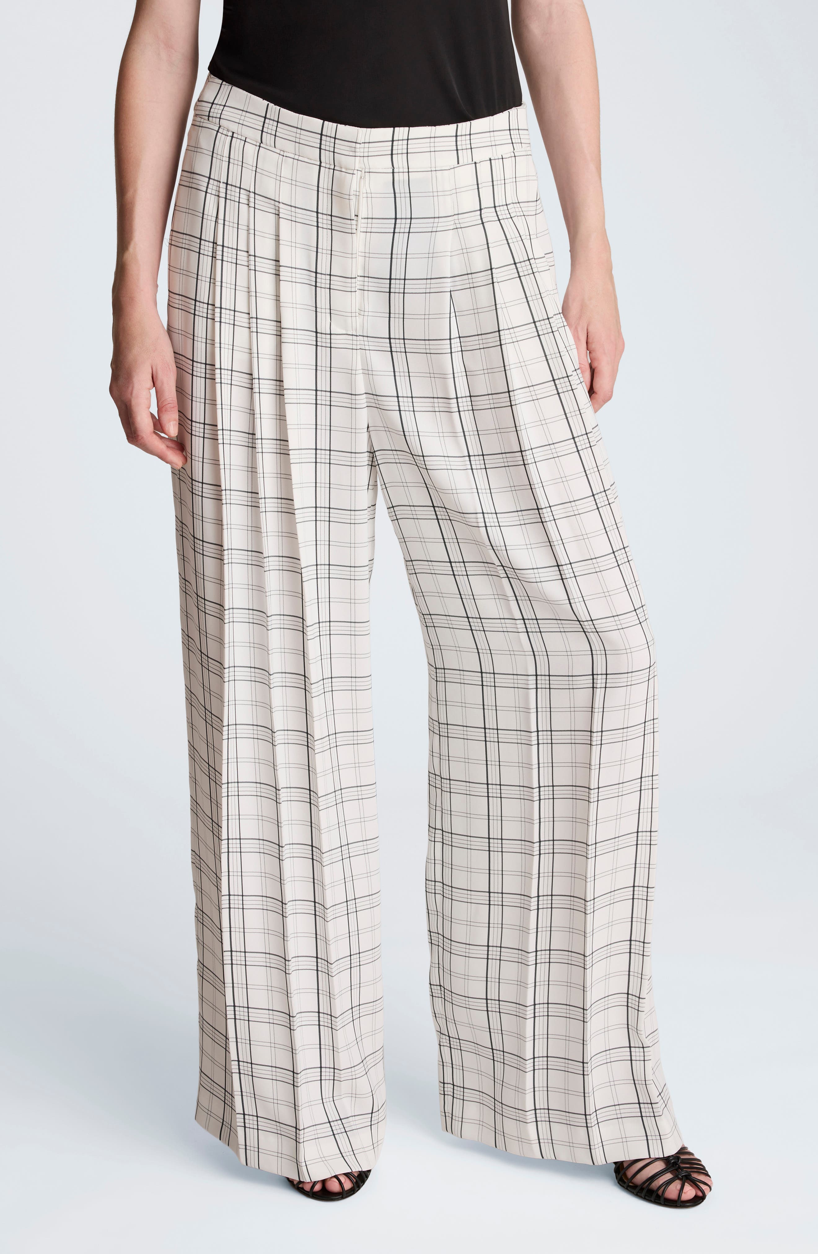 Kenneth Cole Plaid High Waist Triple Pleat Wide Leg Pants