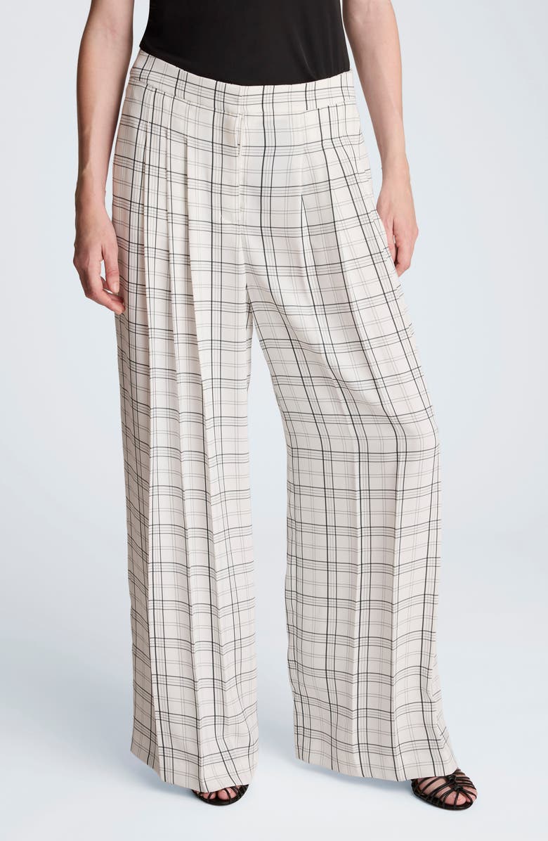 Kenneth Cole Plaid High Waist Triple Pleat Wide Leg Pants, Main, color, Feather White/ Black