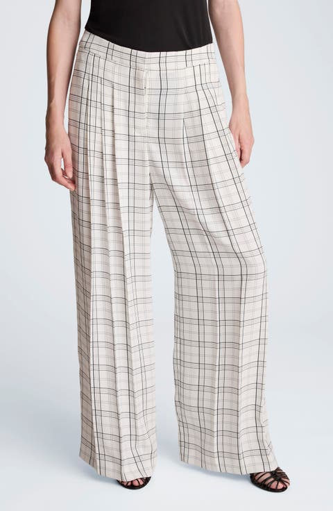 Plaid High Waist Triple Pleat Wide Leg Pants