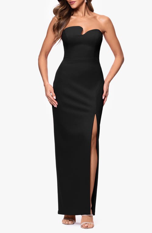 Xscape Evenings Strapless Asymmetric Evening Gown In Black