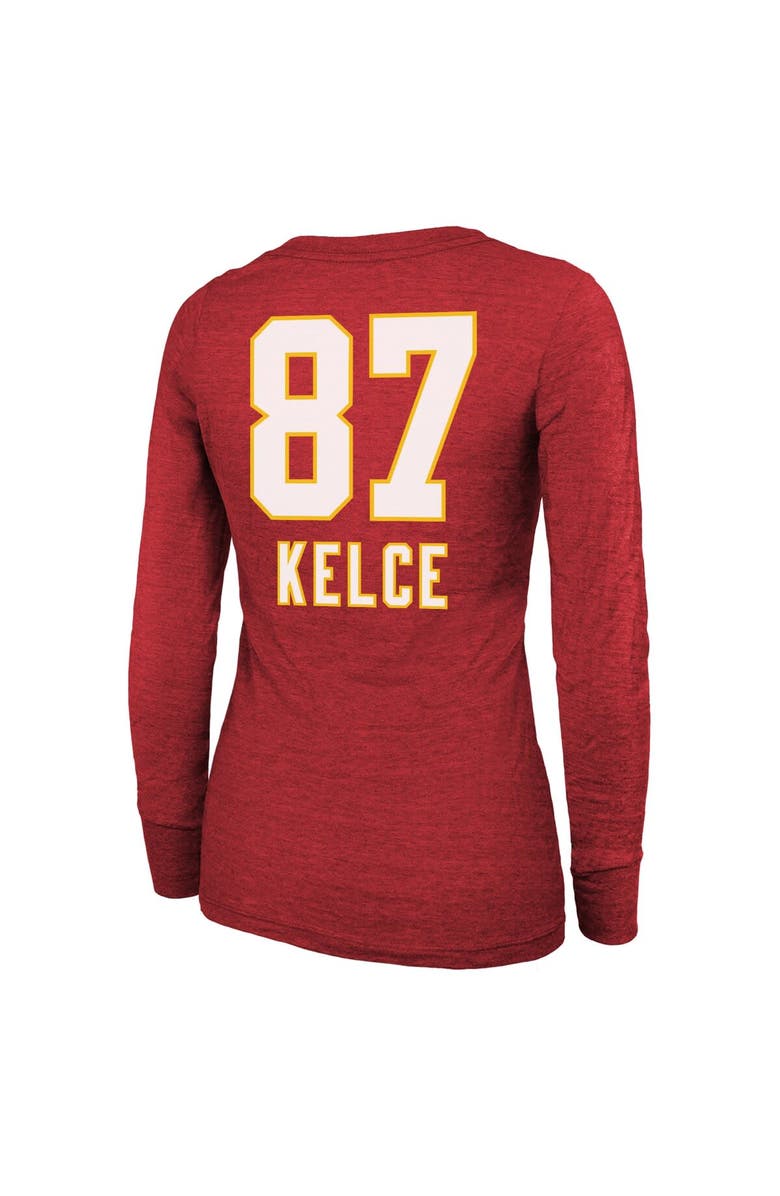 Majestic Threads Women's Majestic Threads Travis Kelce Red Kansas City Chiefs Super Bowl LVIII Scoop Name & Number Tri-Blend Long Sleeve T-Shirt, Alternate, color,