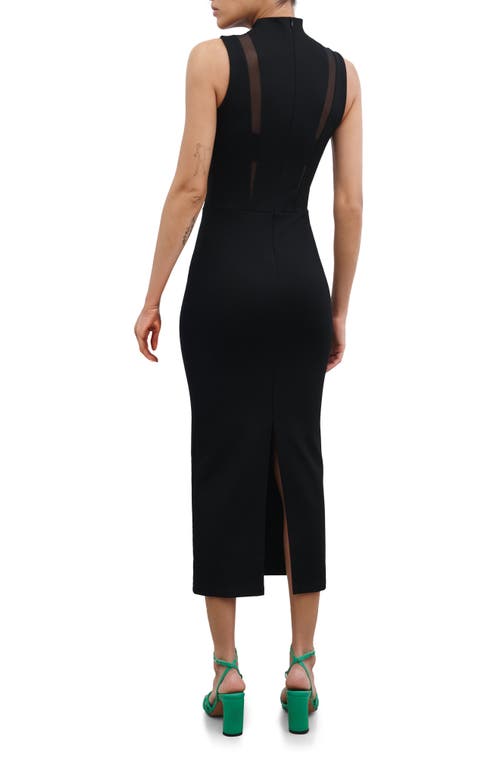 Marcella Amelia Ponte & Mesh Funnel Neck Midi Dress In Black
