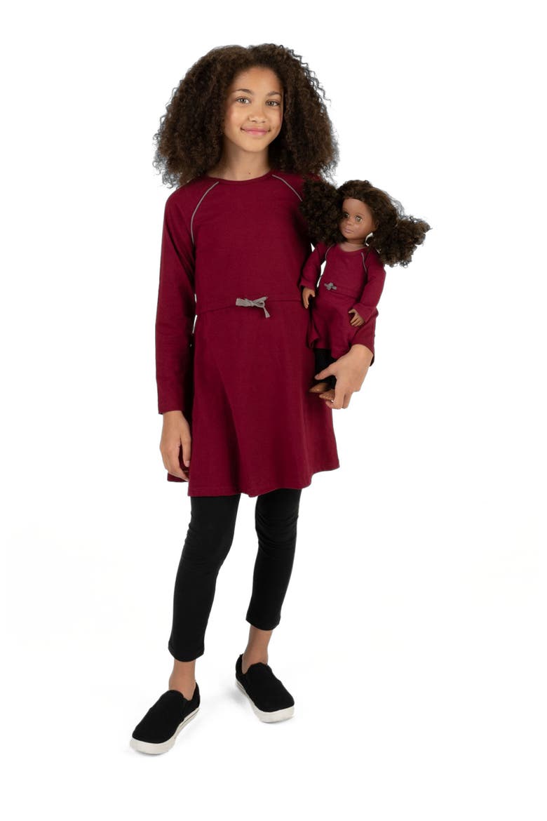 Girls Bow Tie Dress with Matching Doll Dress, Alternate, color, MAROON