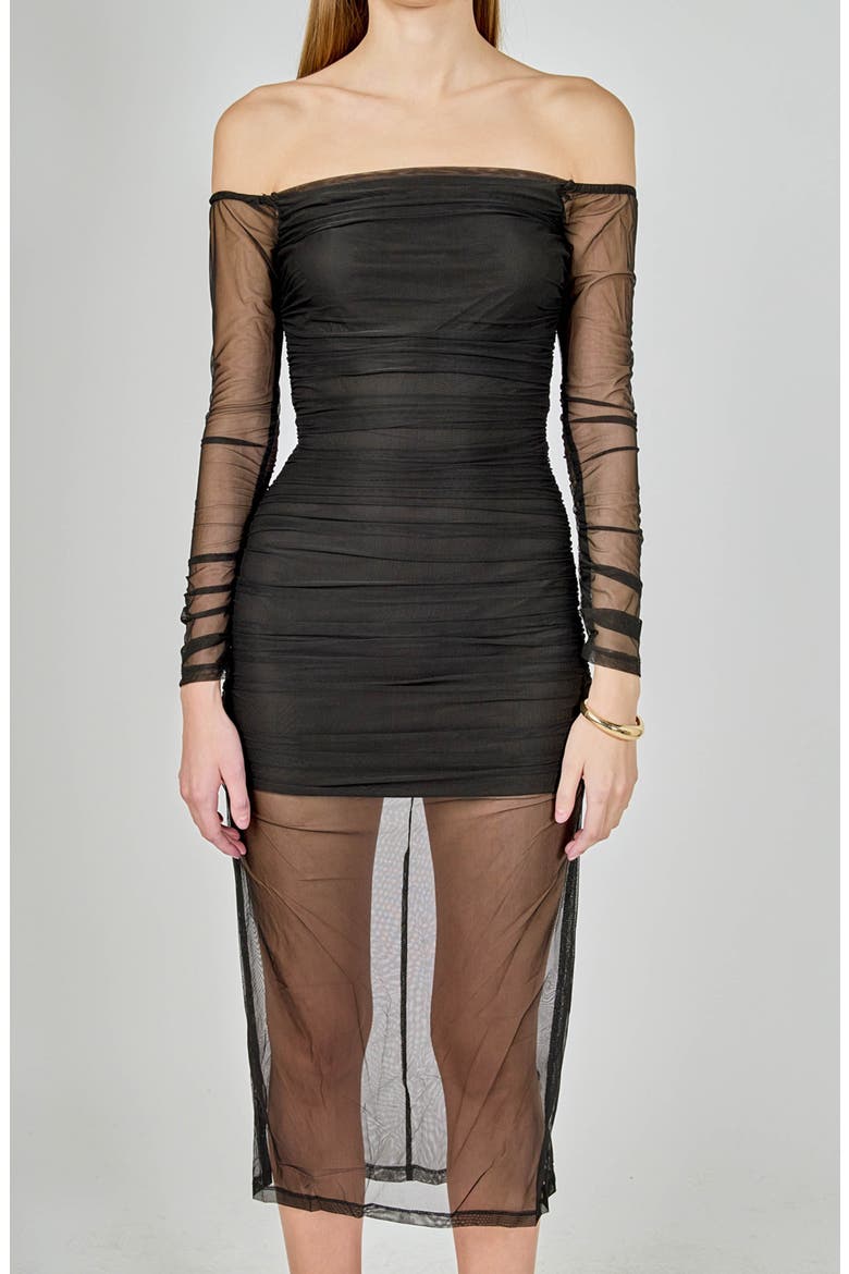 Long Sleeve Off the Shoulder Mesh Midi Body-Con Dress, Alternate, color, BLACK