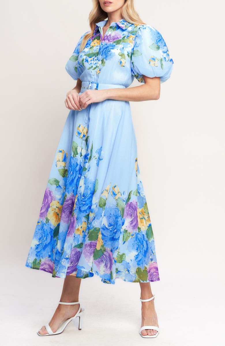 FLYING TOMATO Floral Crepe Midi Shirtdress, Alternate, color, Light Blue