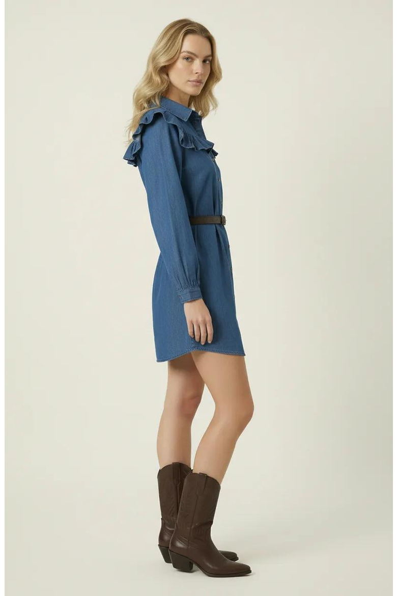 Denim Ruffle Collar Shirt Dress, Alternate, color, Indigo