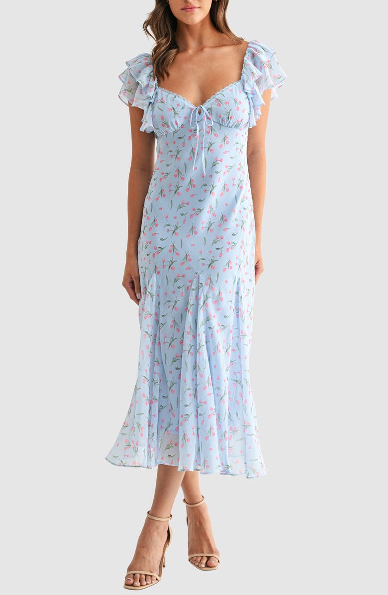 Lush Floral Flutter Sleeve Flare Hem Midi Dress, Main, color, Blue Pink