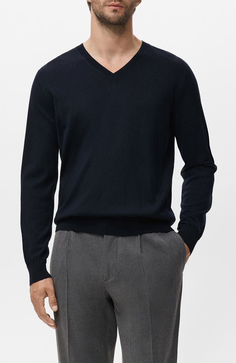 MANGO Solid Wool V-Neck Sweater, Main, color, Navy