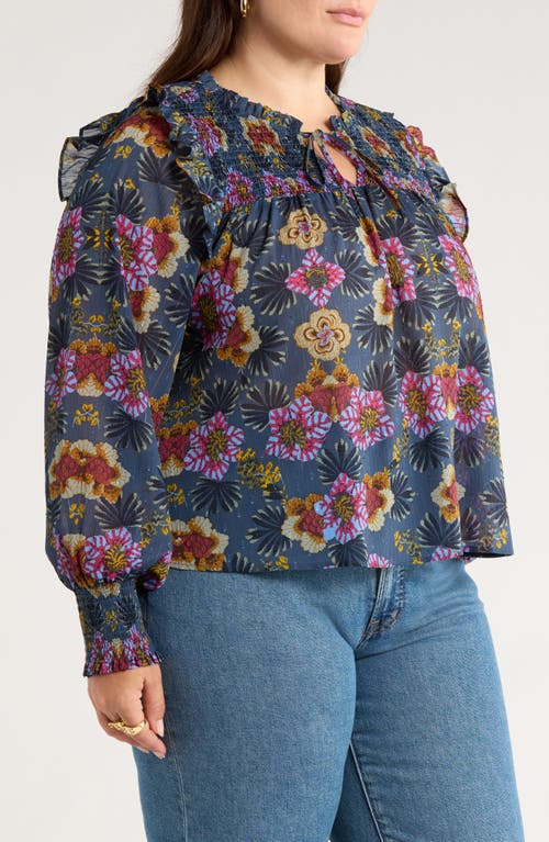 Treasure & Bond Floral Smocked Yoke Popover Top In Blue