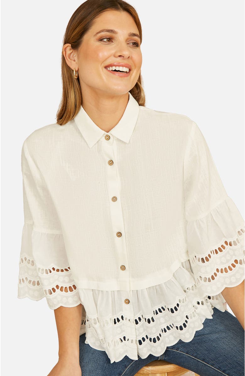 Yumi 34 Sleeve Relaxed Scallop Trim Shirt, Alternate, color, White