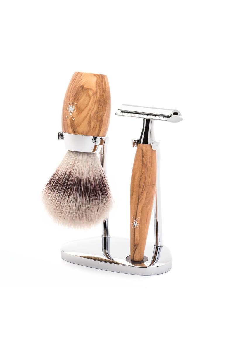 MÜHLE Kosmo Olive Wood 3-Piece Silvertip Fiber & Safety Razor Shaving Set, Main, color, Olive Wood