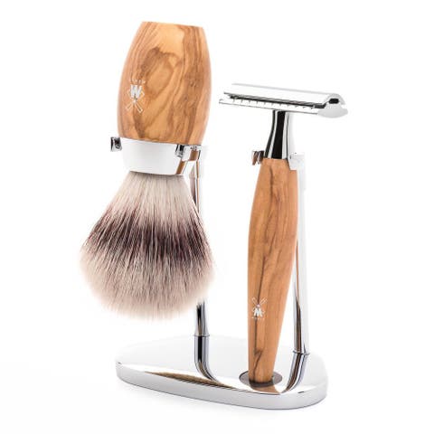 Kosmo Olive Wood 3-Piece Silvertip Fiber & Safety Razor Shaving Set