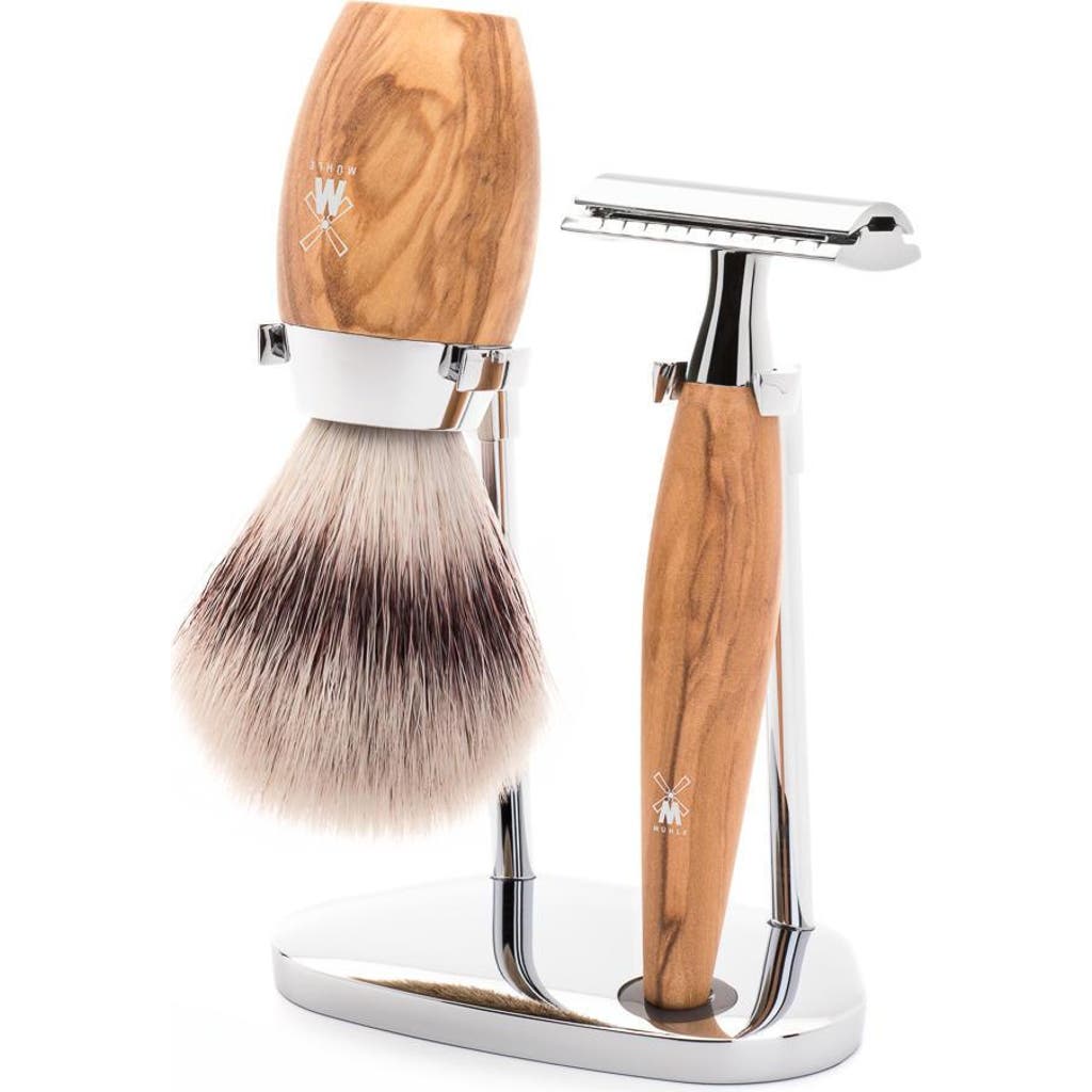Mühle Kosmo Olive Wood 3-piece Silvertip Fiber & Safety Razor Shaving Set In Brown